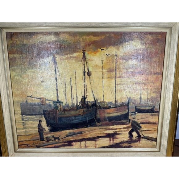 Scene from the harbour of men working by Shortell - Oil on Board Painting Framed - Picture 7 of 8